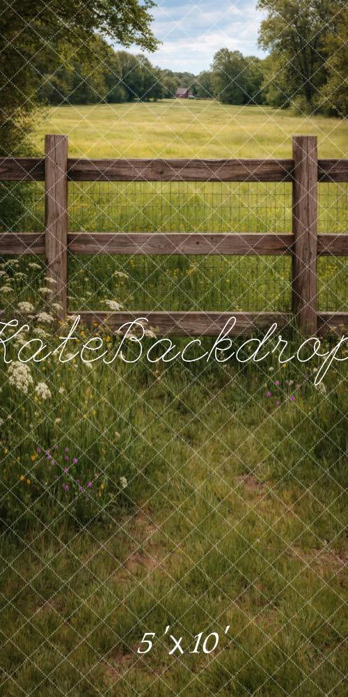 Kate Sweep Rustic Meadow Wooden Fence Wildflowers Green Field Printed Backdrop Designed by Vertigo Productions