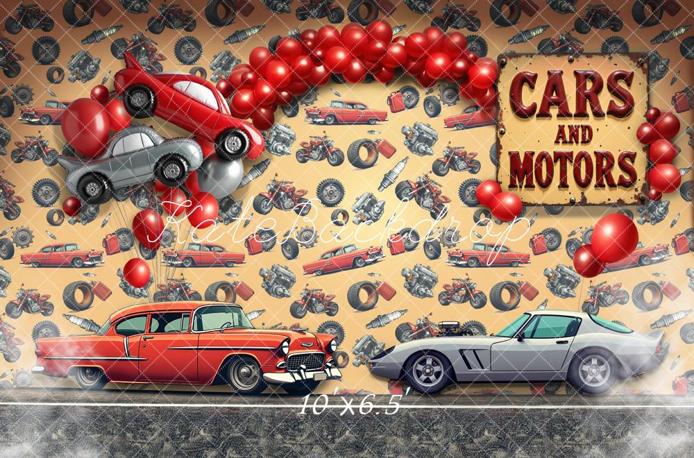 Kate Birthday Red Balloons Motors Vintage Car Motorcycle Printed Backdrop Designed by Laura Bybee