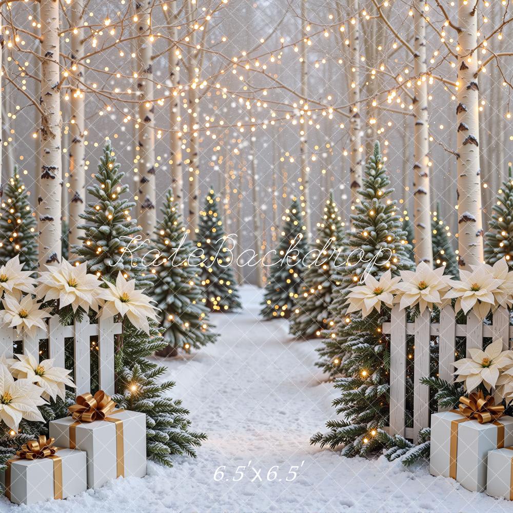 Kate Christmas Birch Forest Poinsettia Snow Presents Lights Printed Backdrop Designed by Mini MakeBelieve