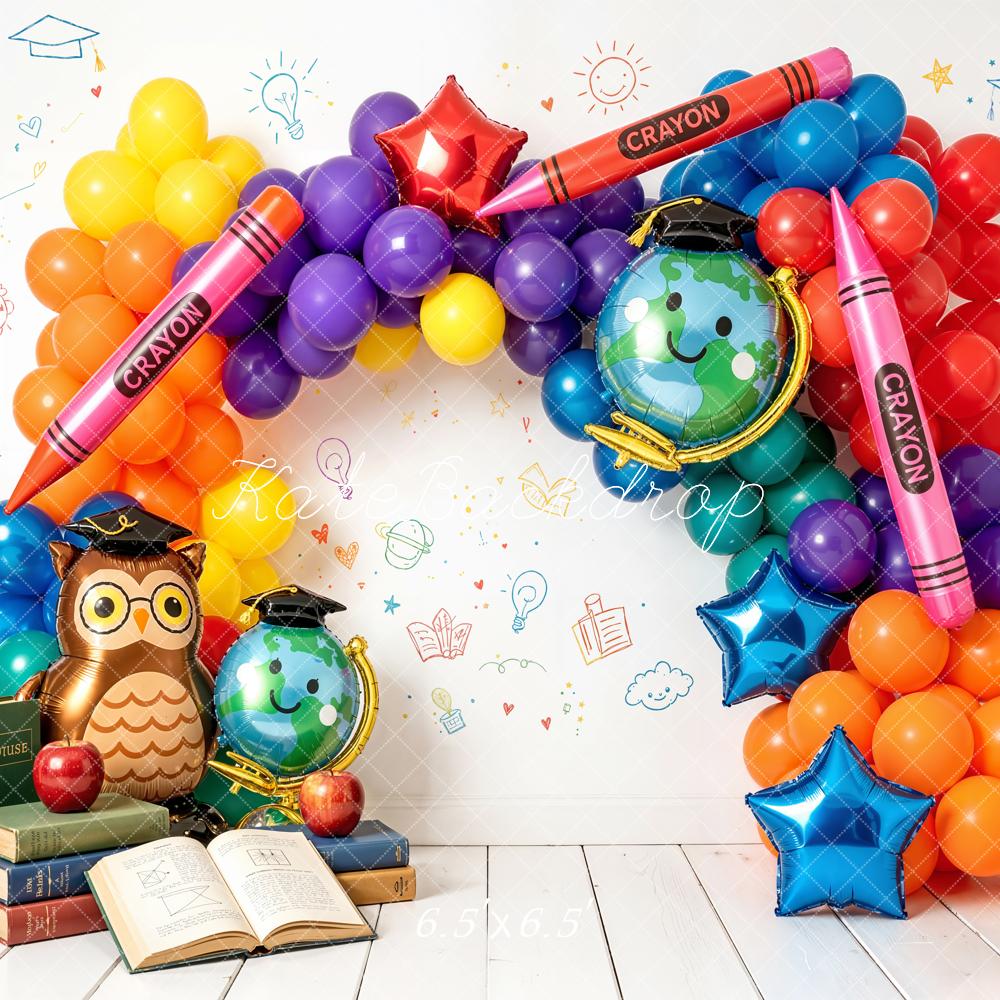 Kate Back To School Balloon Arch Crayons Globe Owl Books Printed Backdrop Designed by Emetselch