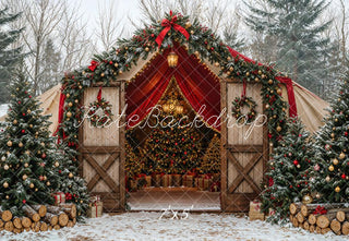 Christmas Tree Barn Bow Snow Forest Backdrop Designed by Emetselch