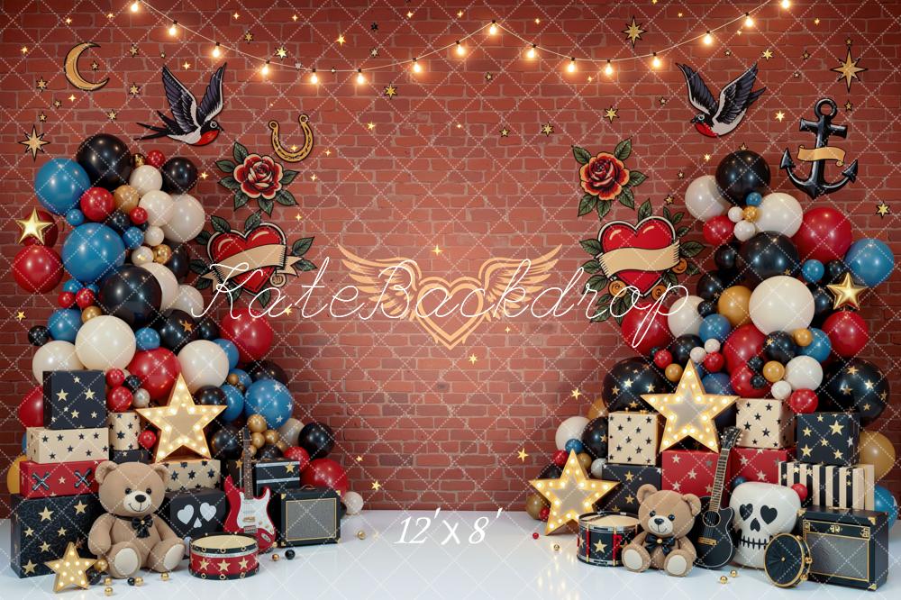 Kate Cake Smash Tattoo Rock and Roll Balloons Gifts Brick Wall Printed Backdrop Designed by Mini MakeBelieve