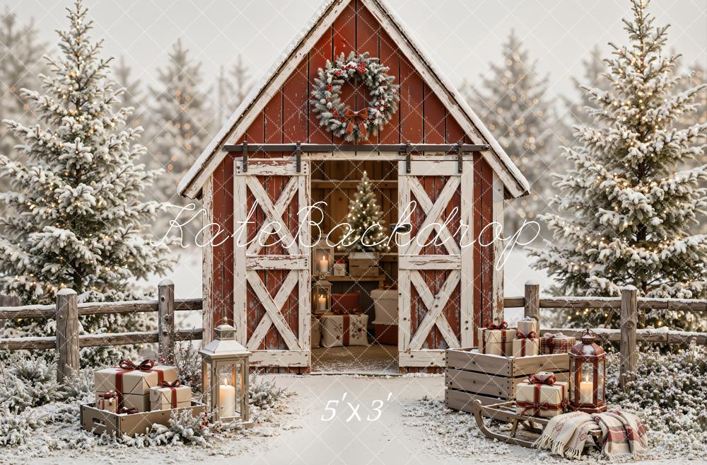 Kate Christmas Snowy Red Barn Wreath Pine Trees Wood Printed Backdrop Designed by Emetselch