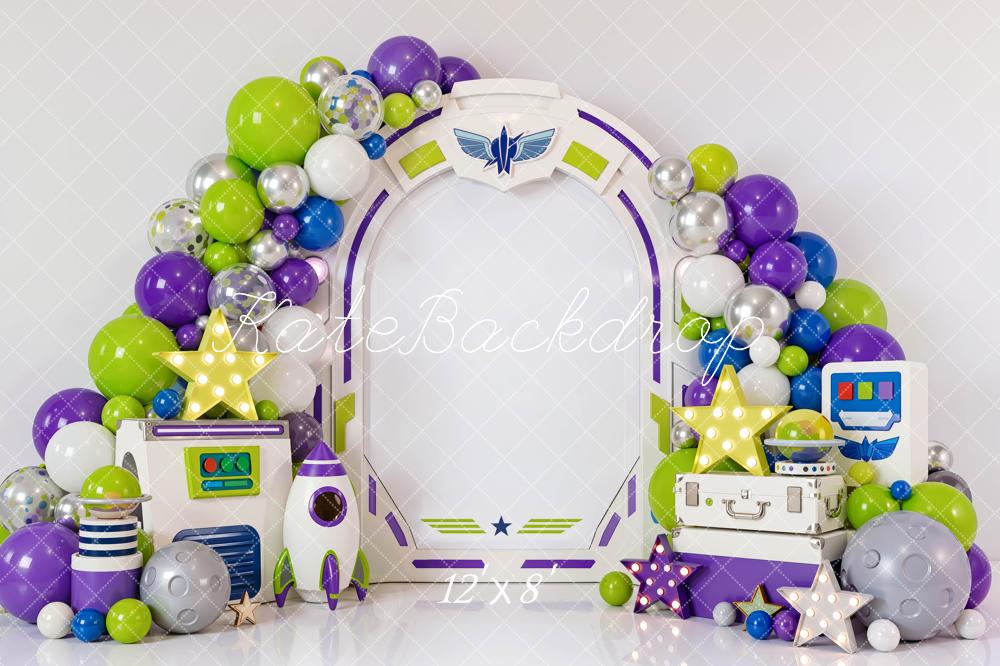 Kate Cake Smash Space Arch Balloons Rocket Stars Control Panel Printed Backdrop Designed by Mini MakeBelieve