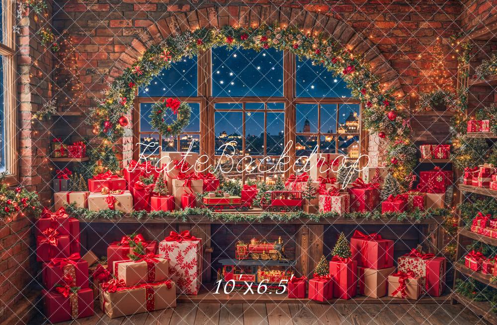 Kate Christmas Gift Room Arched Window Garland Brick Wall Backdrop Designed by Emetselch
