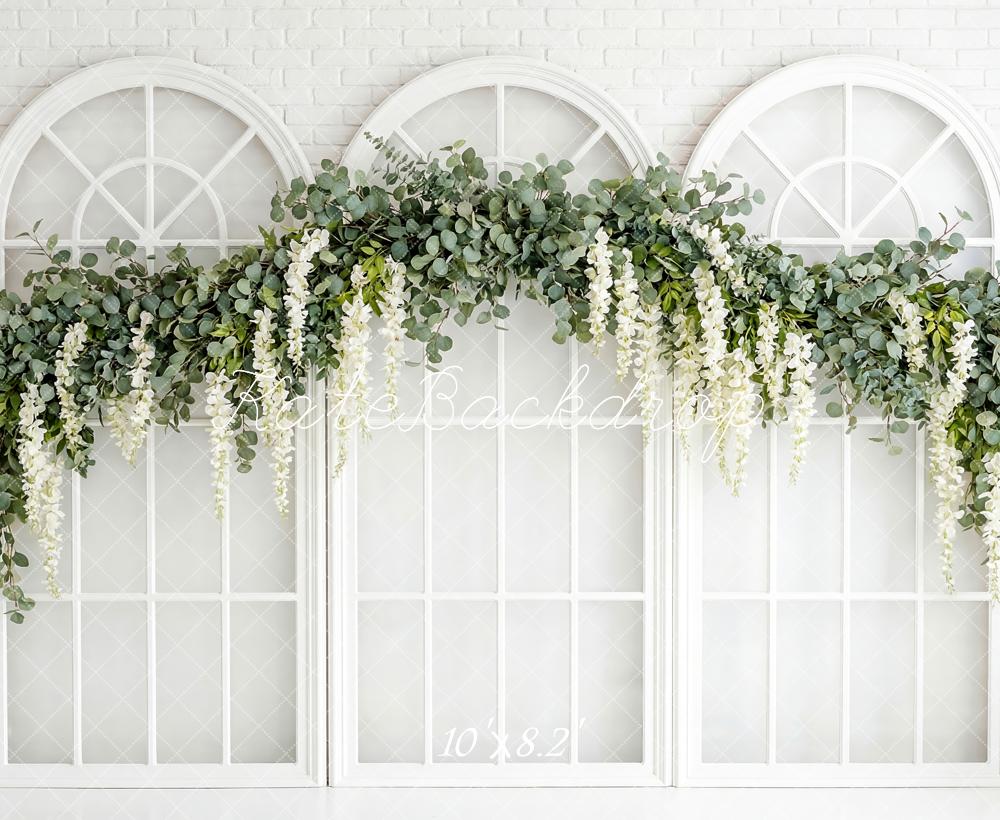 Kate Spring Flower Arch White Brick Windows Printed Backdrop Designed by Patty Roberts