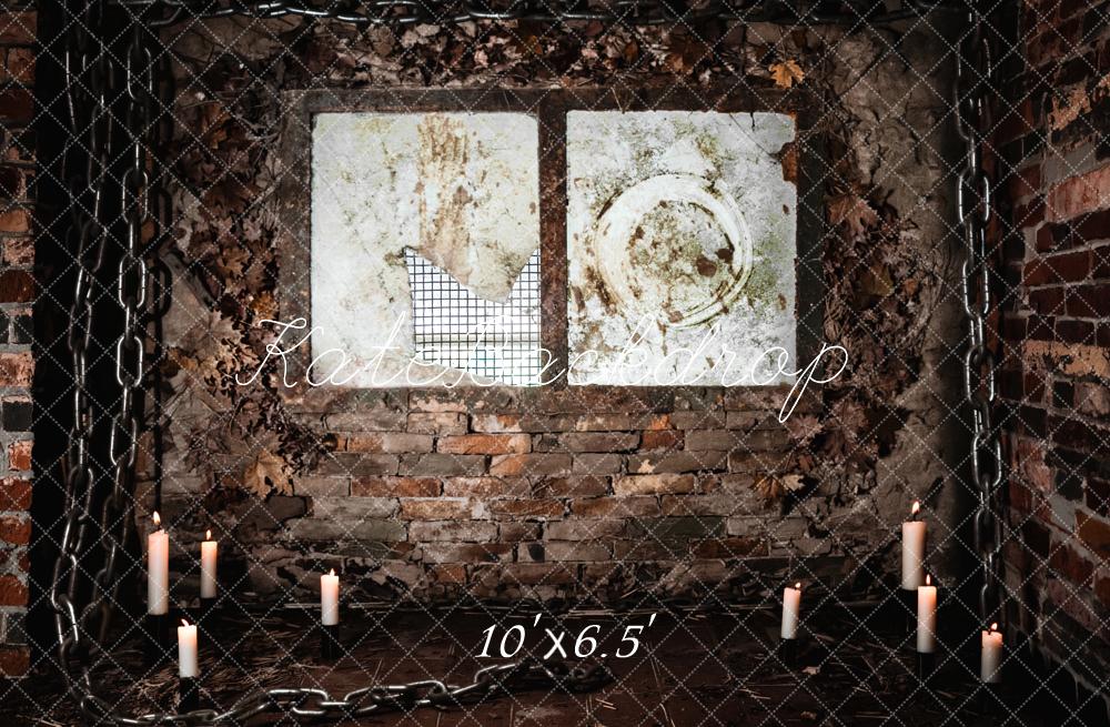 Kate Halloween Spooky Brick Wall Chains Candles Window Printed Backdrop Designed by Fantasyphotoart