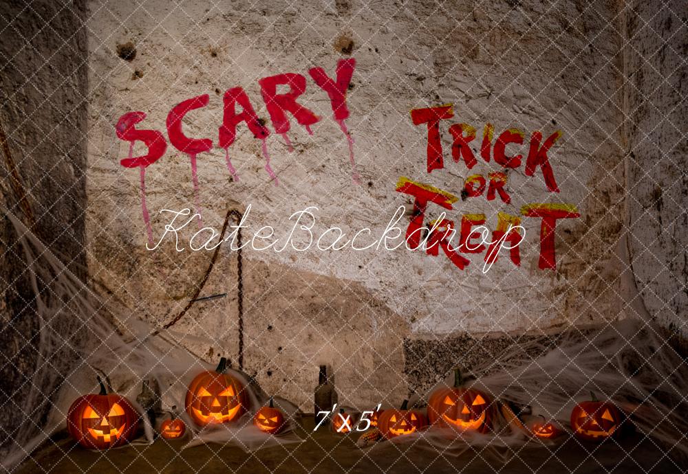 Kate Halloween Spooky Graffiti Wall Pumpkins Jack O Lantern Printed Backdrop Designed by Fantasyphotoart