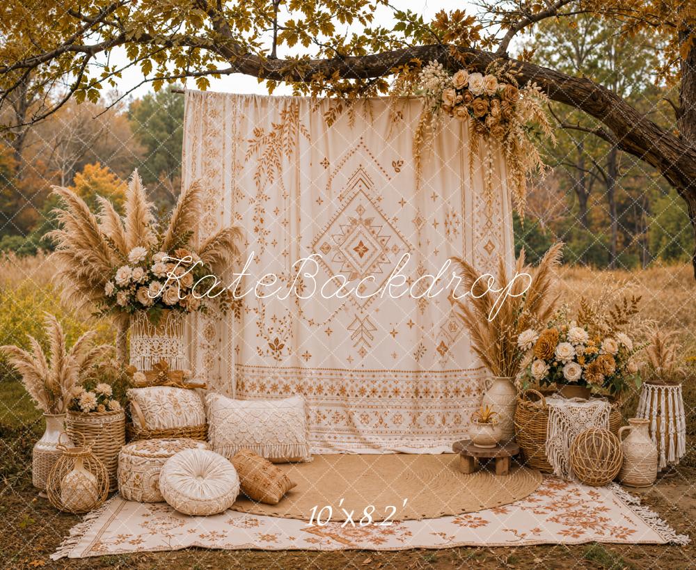 Kate Fall Boho Floral Pampas Grass Branch Arch Printed Backdrop Designed by Emetselch