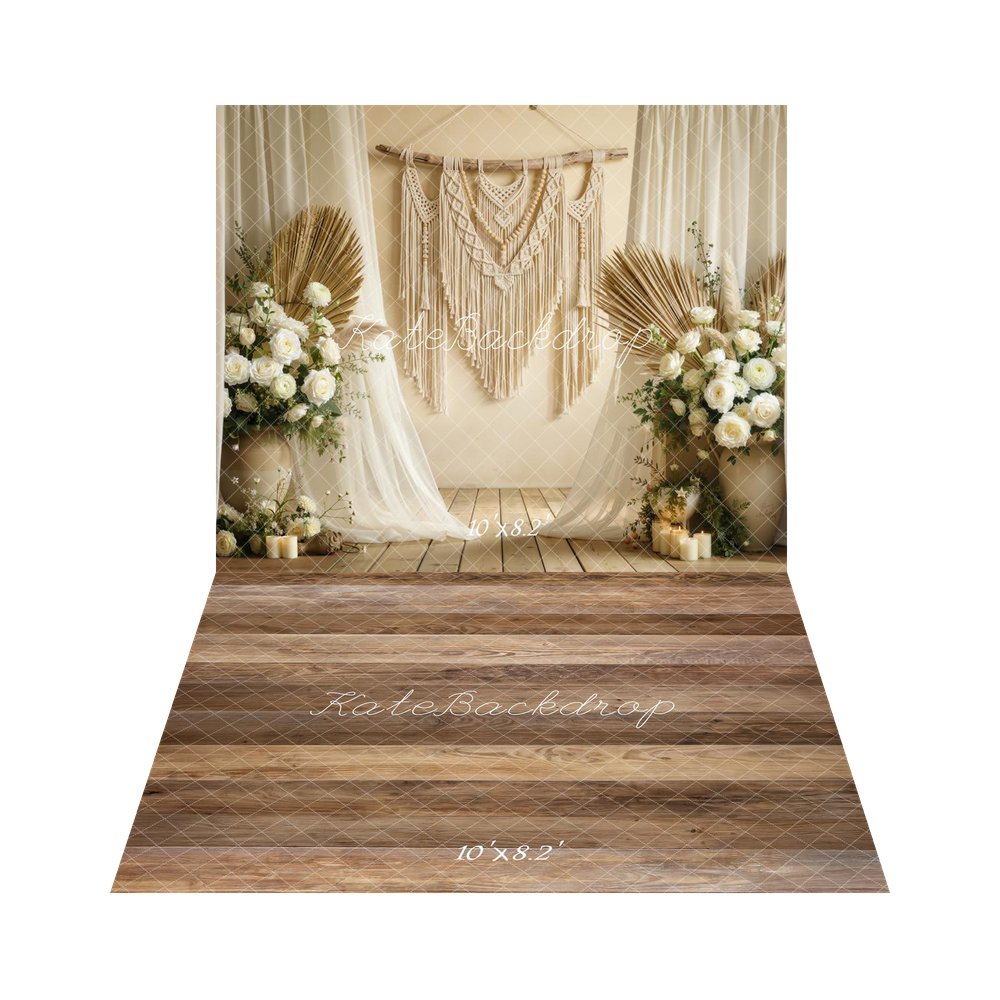 Kate Mother's Day Boho Macrame Flower Arch Dried Palm White Roses Backdrop+Brown Wood Plank Floor Backdrop
