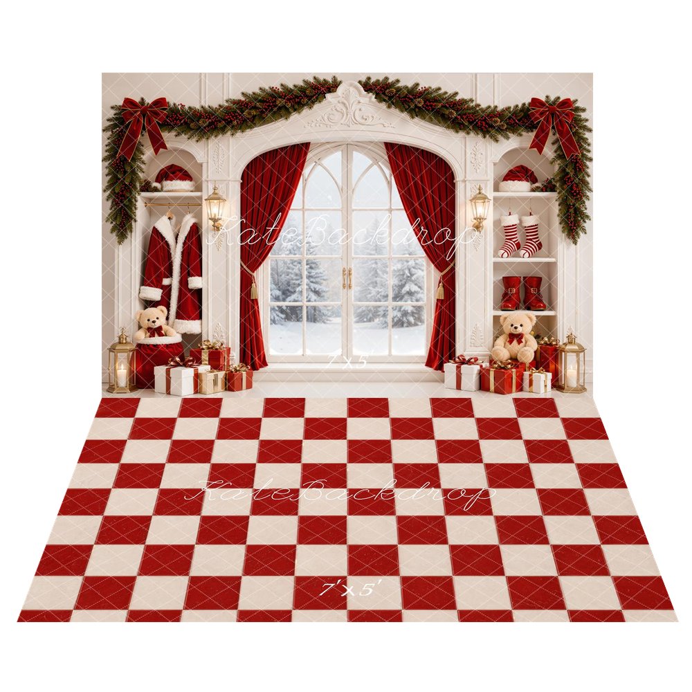 Kate Christmas Window Garland Red Curtains Gifts Santa Printed Backdrop+Red White Quilted Checkerboard Printed Backdrop