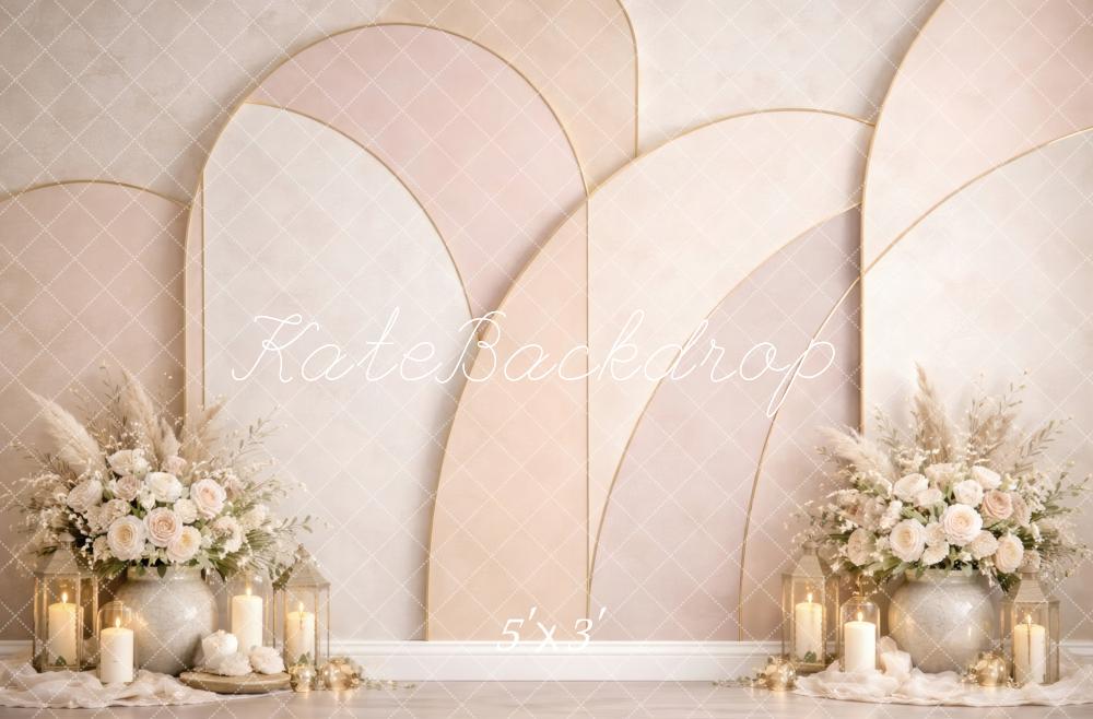 Kate Beige Arch Panels Floral Arrangement Candles Printed Backdrop Designed by Vertigo Productions