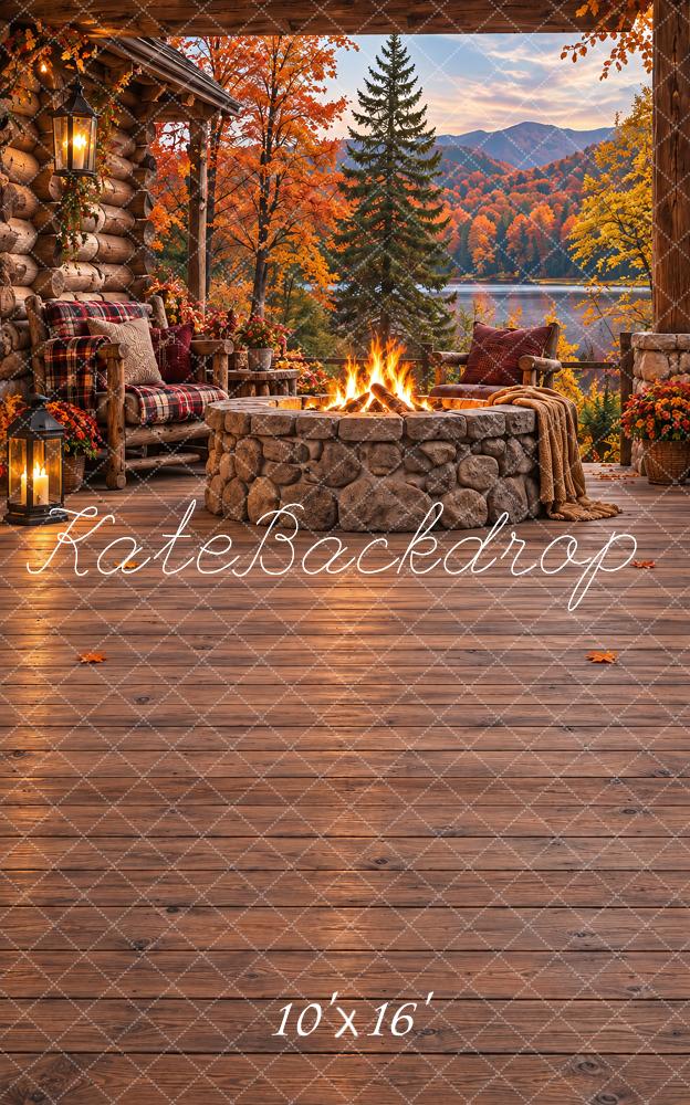 Kate Sweep Fall Cabin Fire Pit Mountain Lake Printed Backdrop Designed by Vertigo Productions