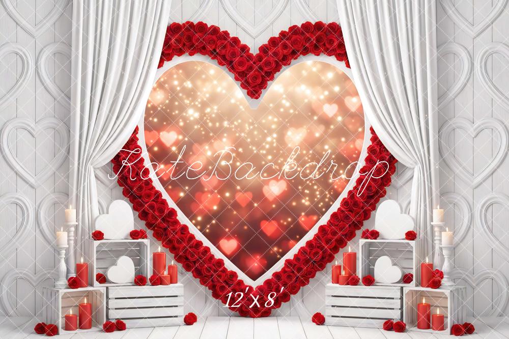 Kate Red Heart Roses White Curtains Candles Backdrop Designed by Mini MakeBelieve