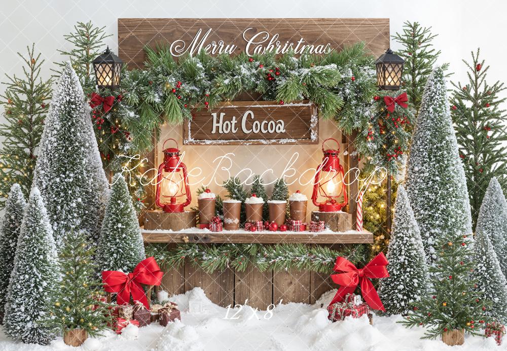 Kate Christmas Hot Cocoa Stand Snowy Pine Trees Lantern Backdrop Designed by Emetselch