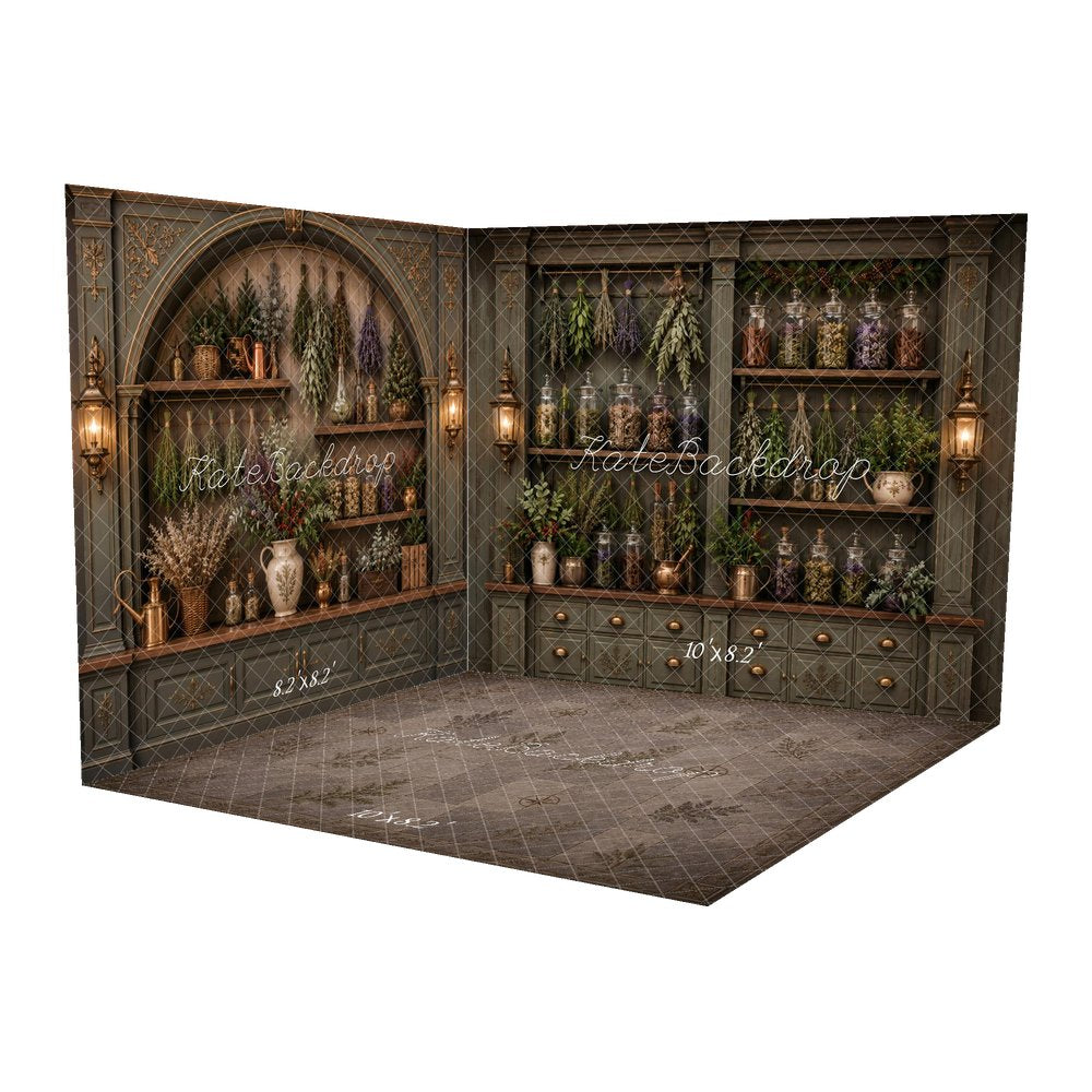 Kate Apothecary Cabinet Herbs Jars Greenery Printed Backdrop Room Set