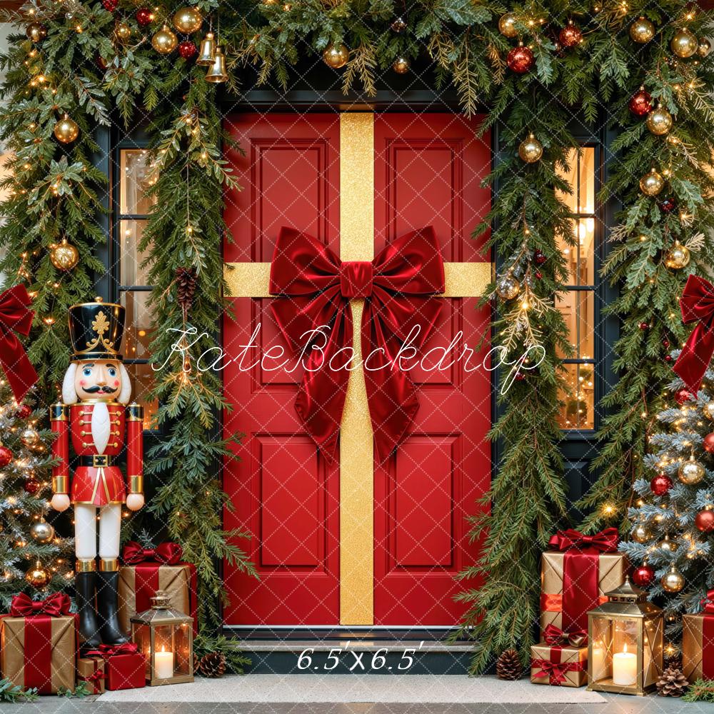Kate Christmas Red Door Bow Nutcracker Garland Gifts Printed Backdrop Designed by Mini MakeBelieve