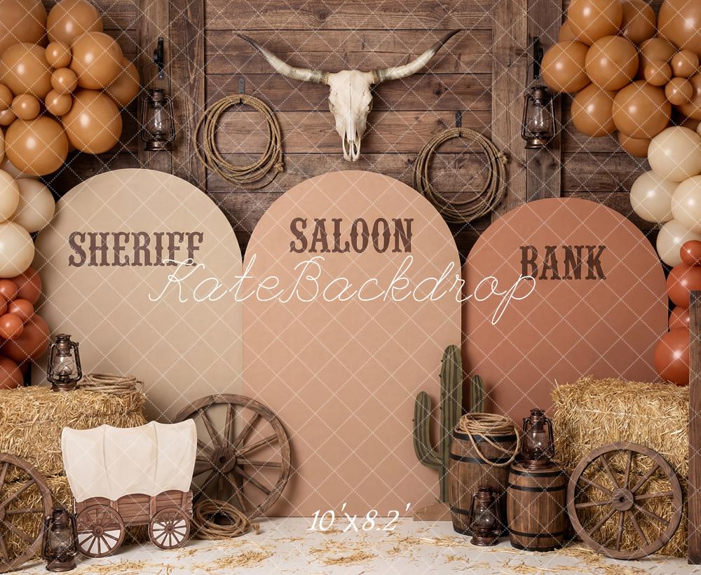 Kate Cake Smash Western Saloon Sheriff Bank Wagon Balloons Printed Backdrop Designed by Patty Roberts
