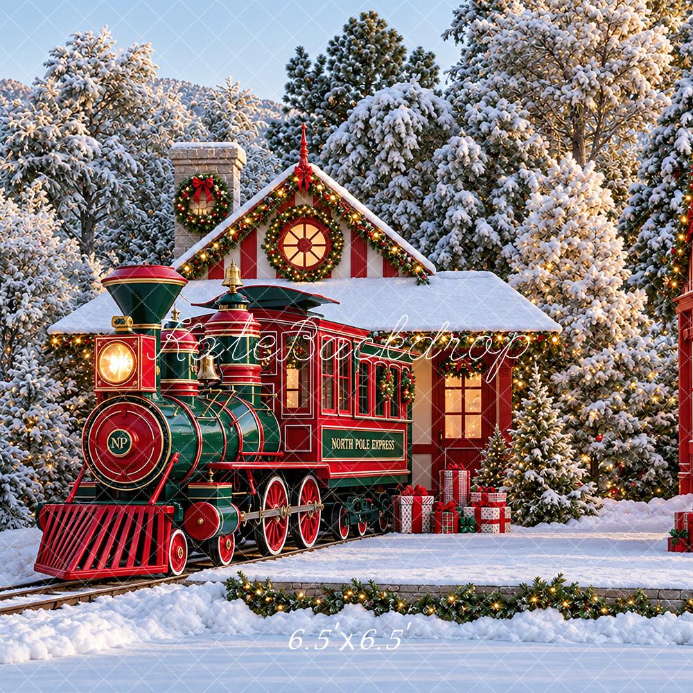 Kate Christmas Snowy Polar Train Station Trees Red Printed Backdrop Designed by Angela Miller