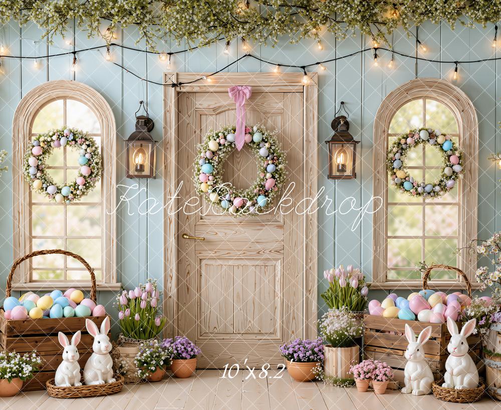 Kate Easter Bunny Blue Egg Wreath Door Greenery Printed Backdrop Designed by Emetselch
