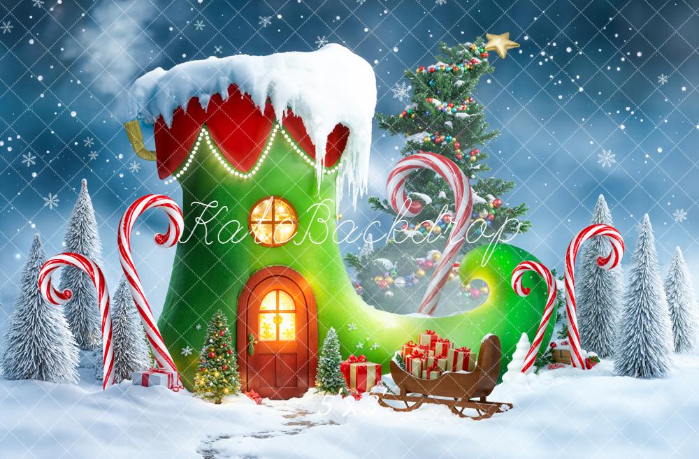 Kate Christmas Elf Shoe House Candy Cane Snowy Trees Backdrop Designed by Emetselch