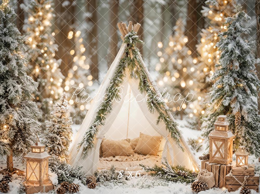 Kate Christmas Snowy Tent Forest Lanterns White Backdrop Designed by Emetselch