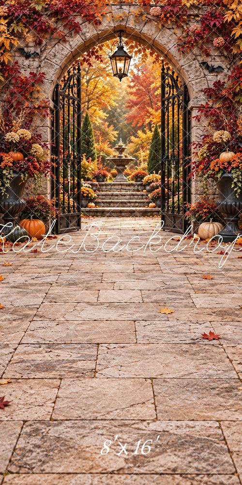 Kate Sweep Fall Stone Arch Garden Gate Printed Backdrop Designed by Vertigo Productions