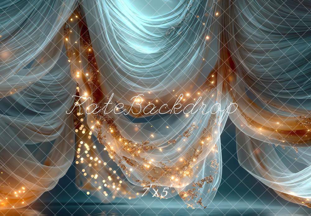 Kate Blue Sheer Drapes with String Lights Printed Backdrop Designed by Mini MakeBelieve