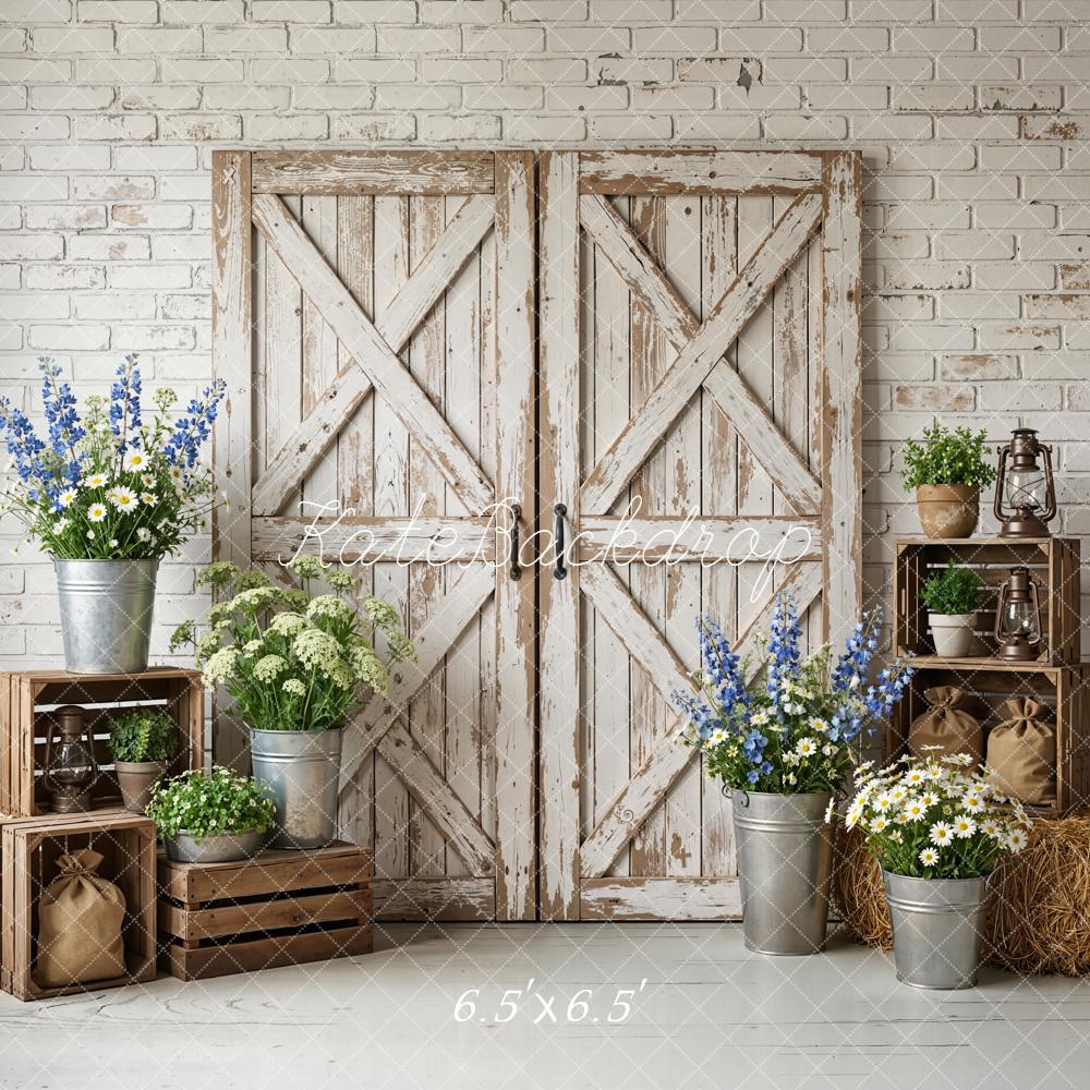 TEST Kate Spring Rustic Barn Doors Crates Flowers Hay White Brick Wall Backdrop Designed by Emetselch
