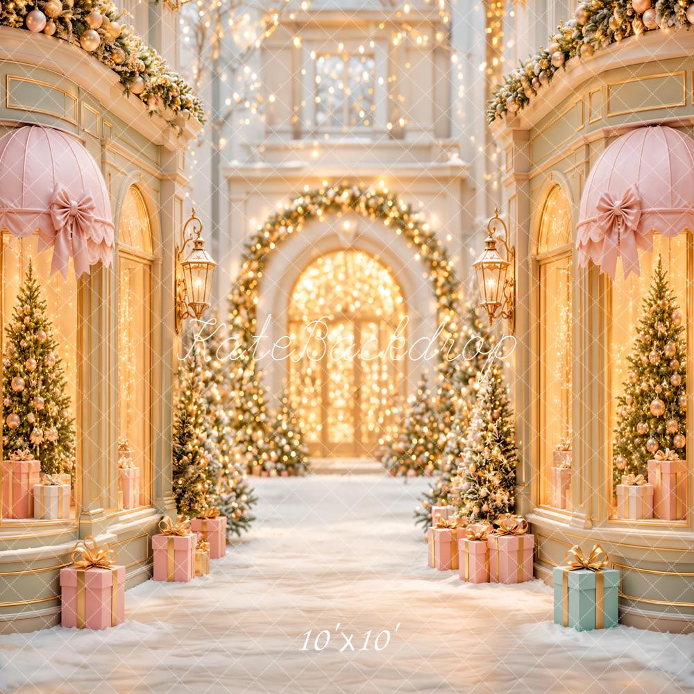 Kate Christmas Shop Windows Christmas Trees Pink Gold Gifts Snow Printed Backdrop Designed by Emetselch