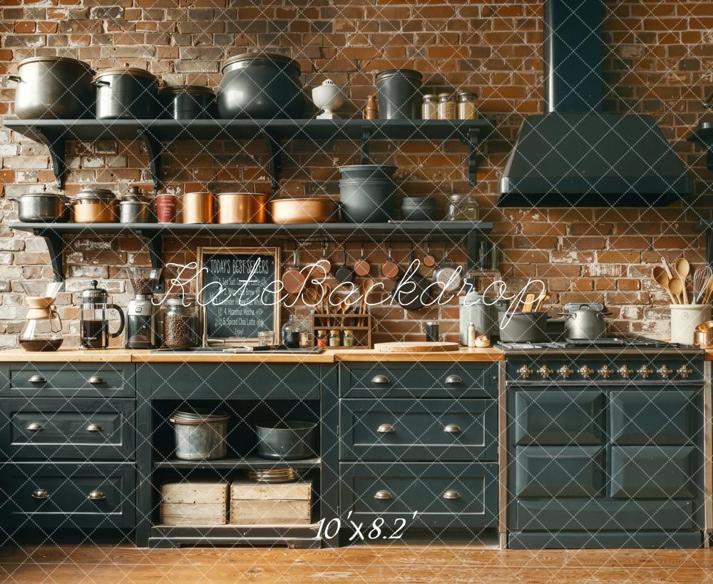 Kate Rustic Kitchen Brick Wall Shelves Cookware Backdrop Designed by Chain Photography