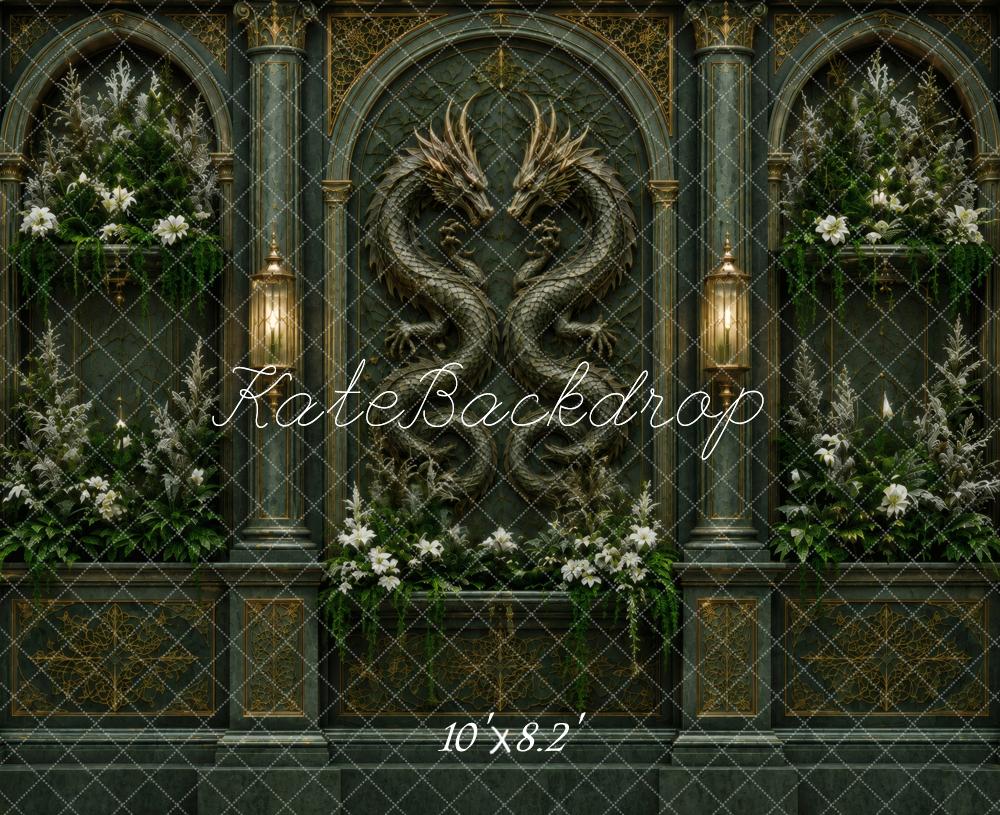 Kate Fantasy Dragon Gothic Arch Dark Green Wall Printed Backdrop Designed by Vertigo Productions