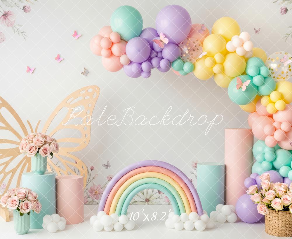 Kate Cake Smash Pastel Balloon Arch Butterfly Rainbow Flowers Printed Backdrop Designed by Patty Roberts