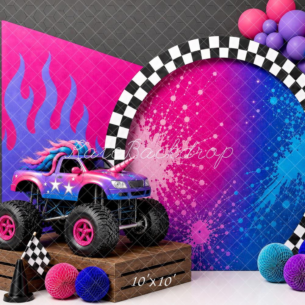 Kate Birthday Truck Racing Checkered Flags Balloons Printed Backdrop Designed by Shutter Swan Studios