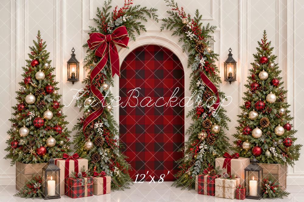 Kate Christmas Trees Arch Plaid Red Ribbon Garland Gifts Printed Backdrop Designed by Emetselch