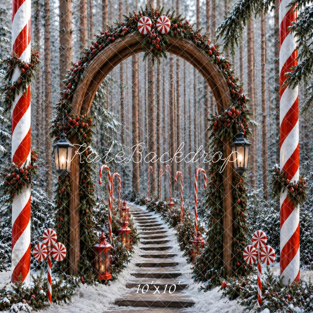 Kate Christmas Candy Cane Forest Arch Snow Printed Backdrop Designed by Vertigo Productions