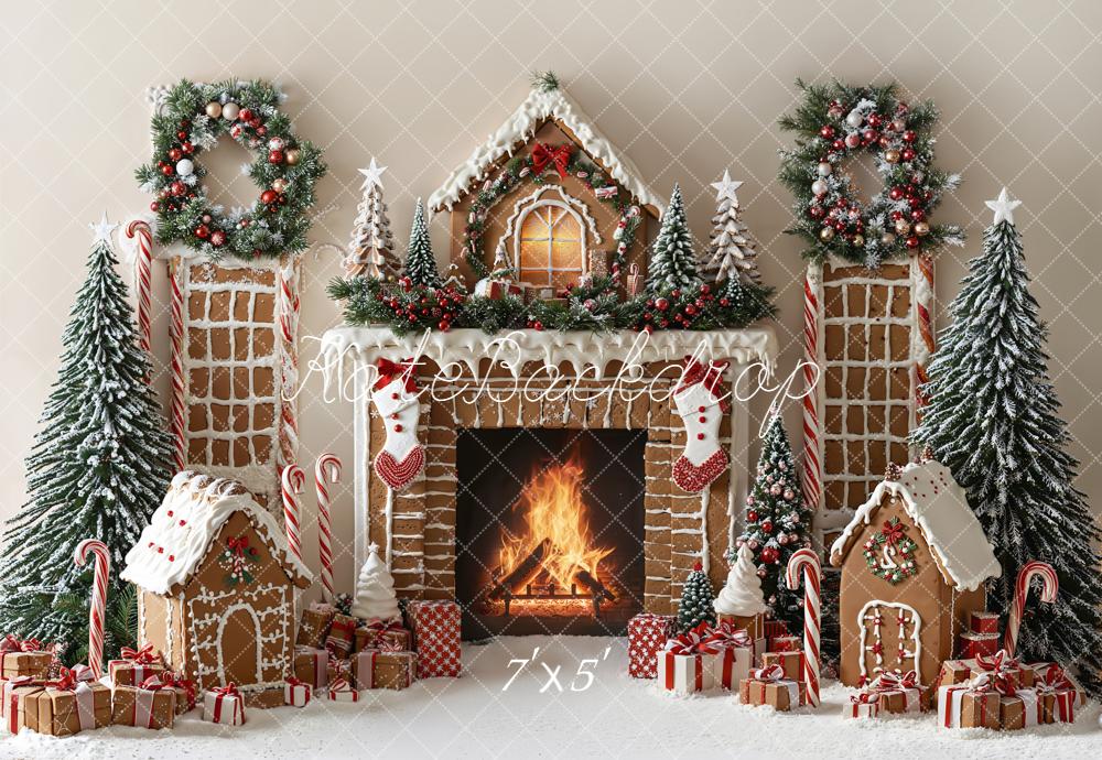 Kate Christmas Gingerbread House Fireplace Snowy Trees Wreaths Backdrop Designed by Emetselch