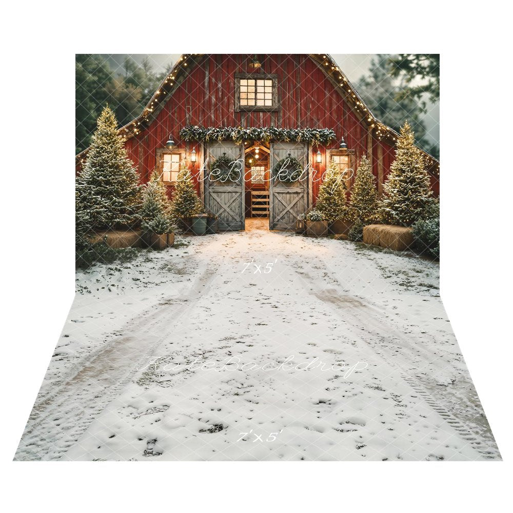 Kate Christmas Red Barn Snowy Pine Trees Garland Backdrop+Snow Tire Tracks Ground Texture Backdrop
