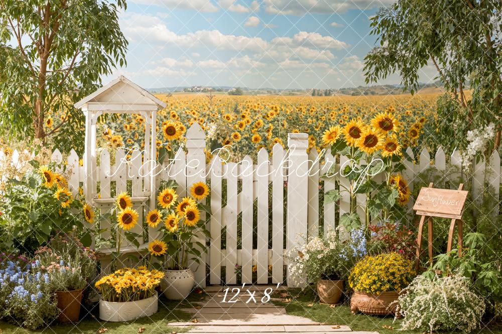 Kate Summer Sunflower Field White Picket Fence Garden Printed Backdrop Designed by Emetselch