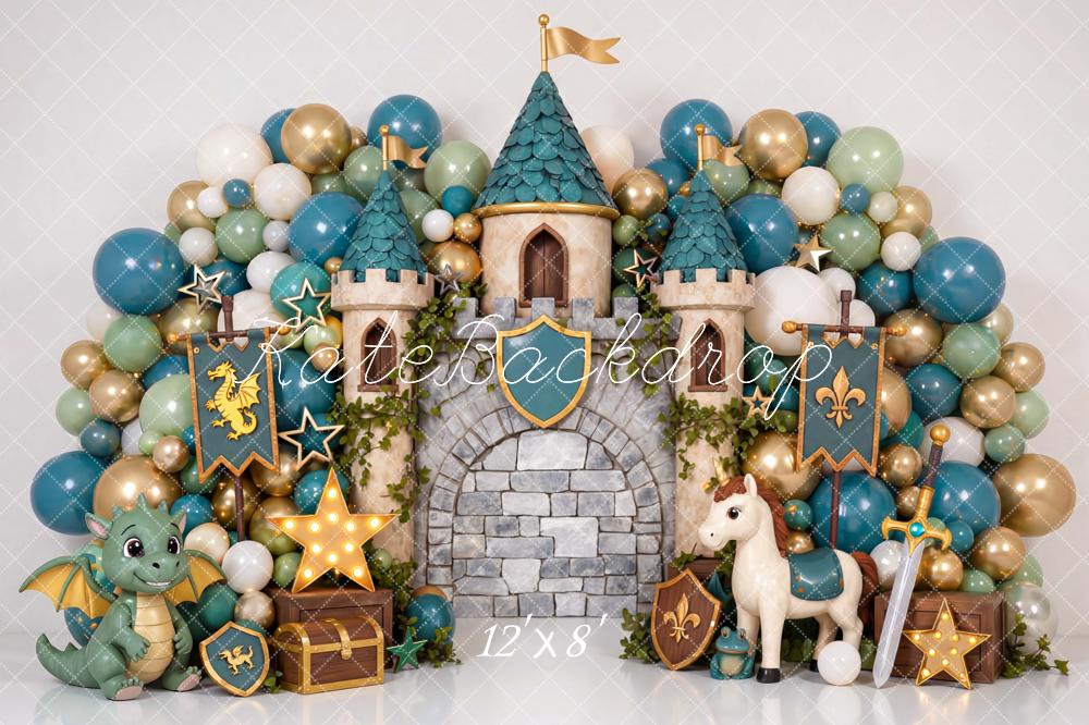 Kate Fairy Fantasy Castle Balloon Arch Dragon Unicorn Printed Backdrop Designed by Mini MakeBelieve