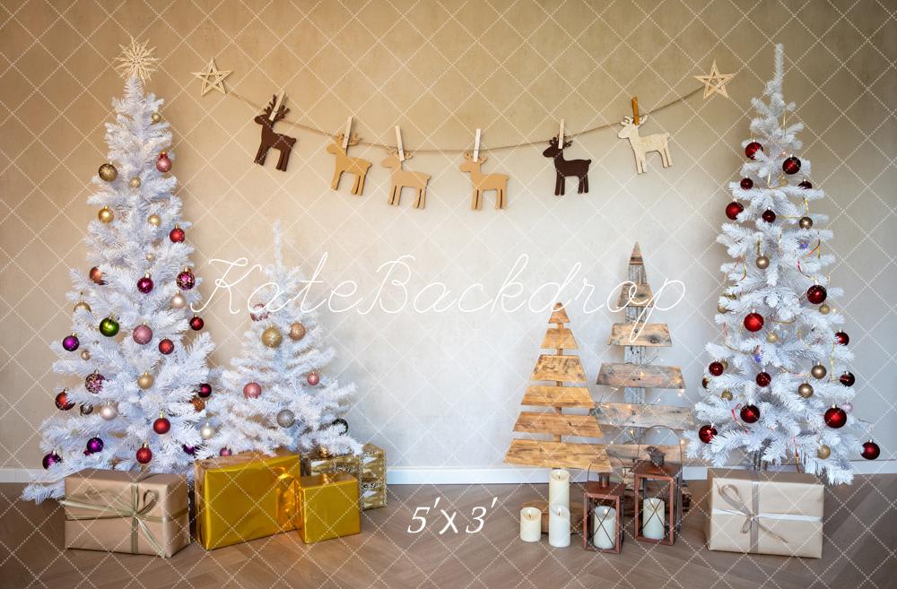 Kate Christmas White Trees Wood Reindeer Garland Gold Presents Printed Backdrop Designed by Fantasyphotoart