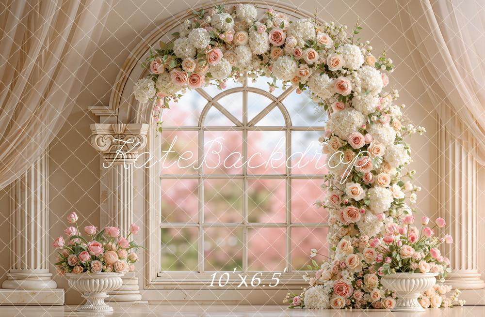 Kate Spring Flower Arch Window Retro Columns Printed Backdrop Designed by Emetselch