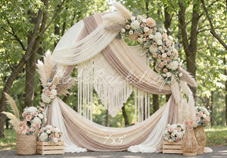 Kate Boho Flower Arch Macrame Pampas Grass Printed Backdrop Designed by Mini MakeBelieve