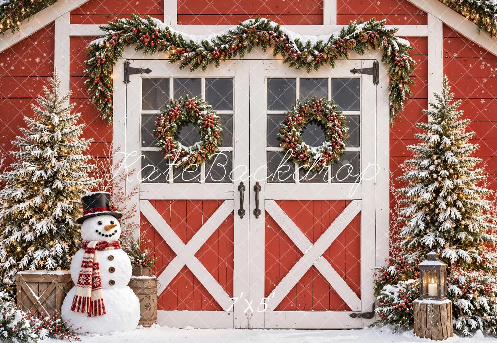 Kate Christmas Red Barn Snowman Pine Trees Printed Backdrop Designed by Emetselch