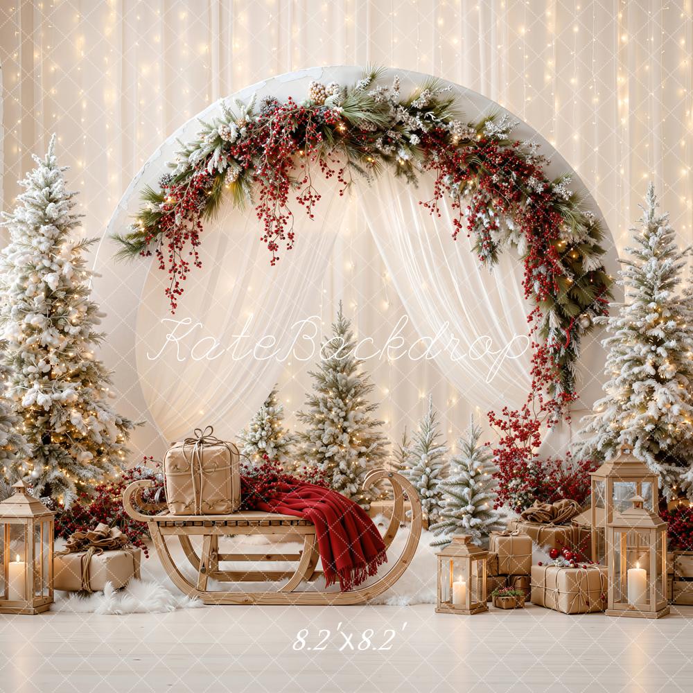 Kate Christmas White Circle Arch Drapes Sleigh Trees Lanterns Printed Backdrop Designed by Emetselch