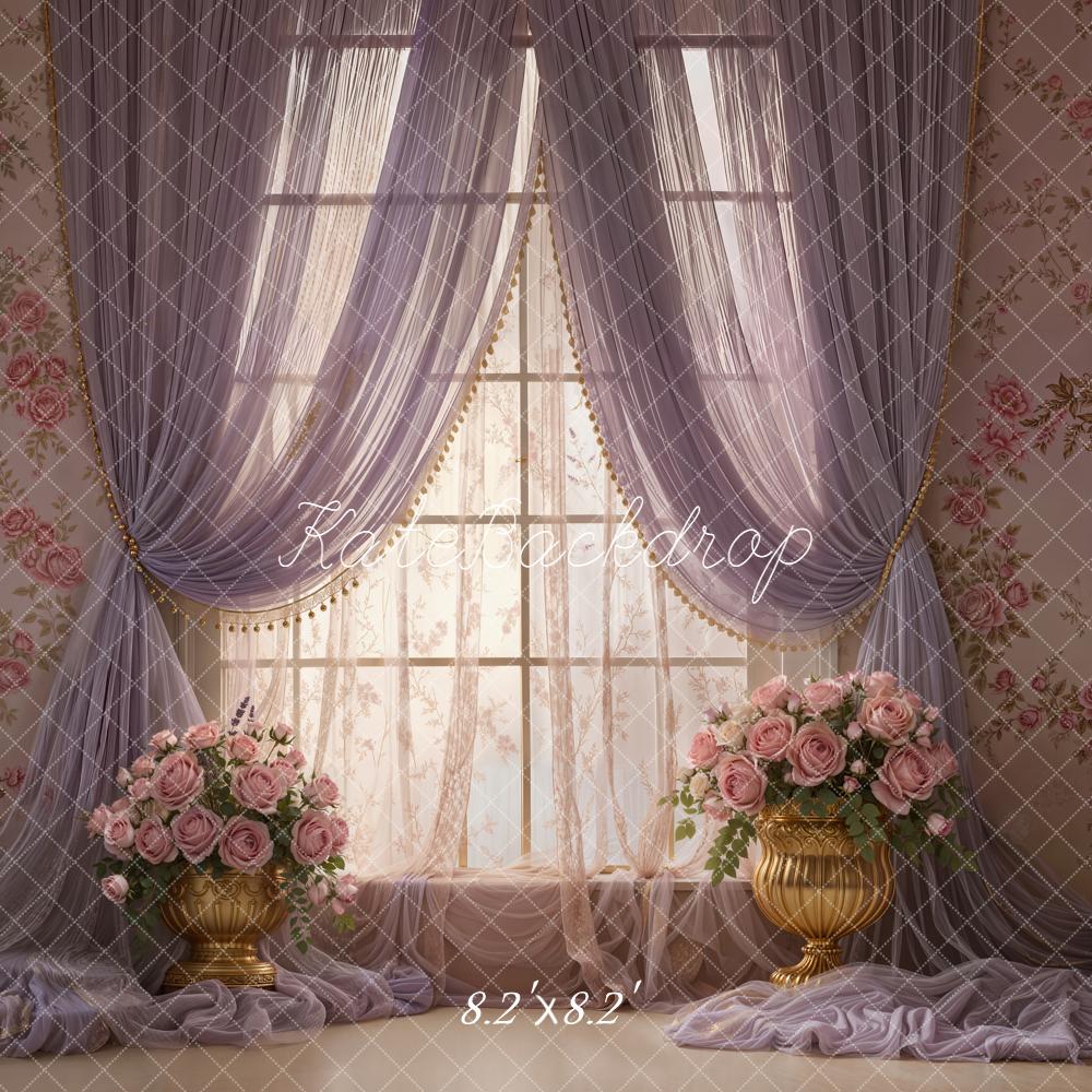 Kate Spring Floral Window Purple Drapes Gold Vases Pink Roses Backdrop Designed by Emetselch