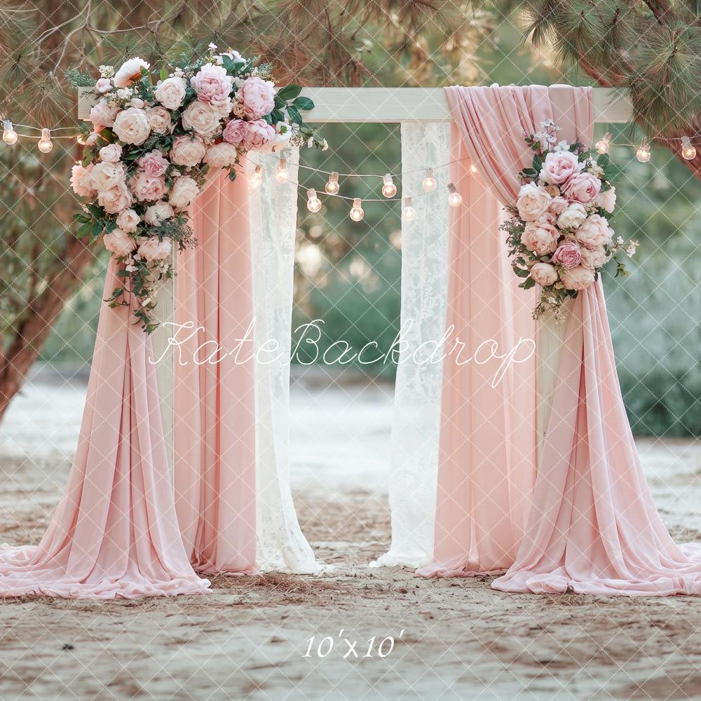 Kate Spring Wedding Flower Arch Pink Drapes String Lights Printed Backdrop Designed by Angela Miller