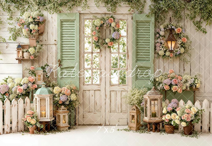 Kate Spring Floral Garden Door Lanterns Wreath Green Shutters Printed Backdrop Designed by Emetselch