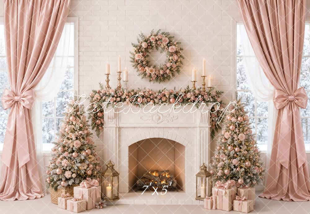 Kate Christmas Tree Pink Curtains Floral Fireplace Wreath Printed Backdrop Designed by Emetselch