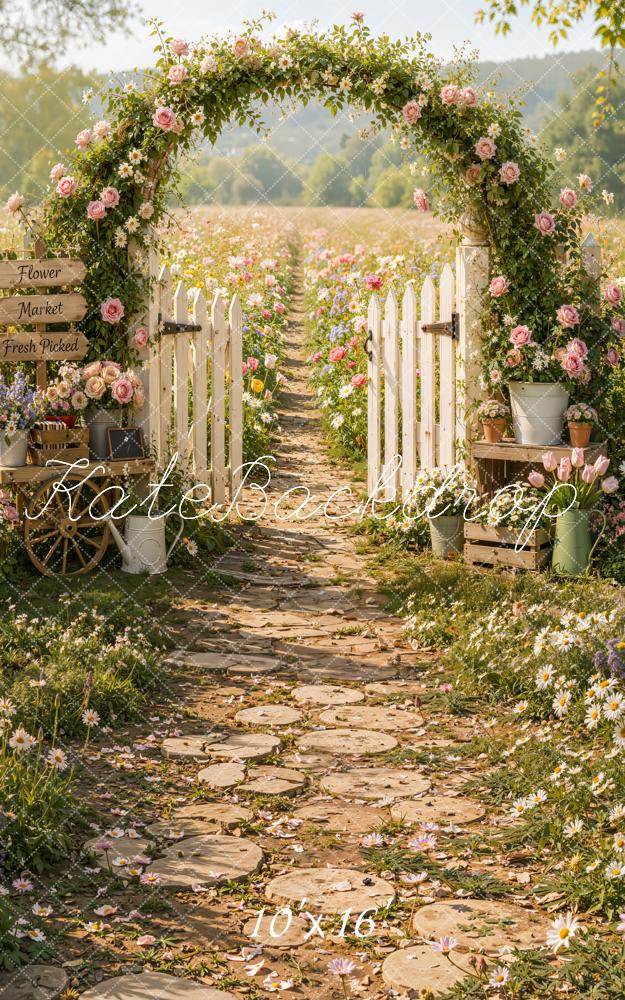 Kate Sweep Spring Flower Arch Garden Stone Pathway Field White Fence Printed Backdrop Designed by Emetselch